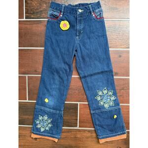 Vintage Oilily Jeans Girls Size 7 (128) Crochet Flowers Embroidered Boho Y2K